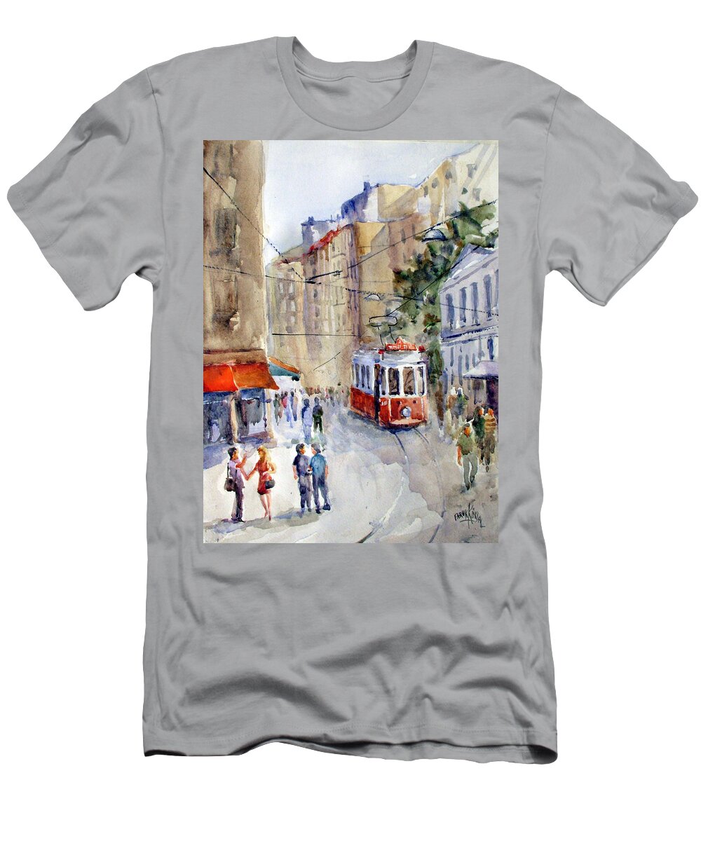 Tram T-Shirt featuring the painting Square Tunel - Beyoglu Istanbul by Faruk Koksal