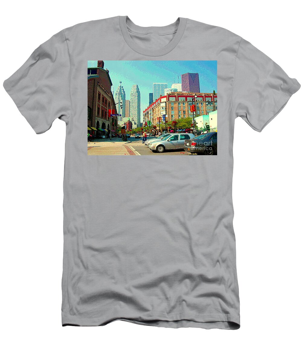 Toronto T-Shirt featuring the painting St Lawrence Market At Lower Jarvis Flatiron Building Downtown Toronto Skyline City Scenes C Spandau by Carole Spandau