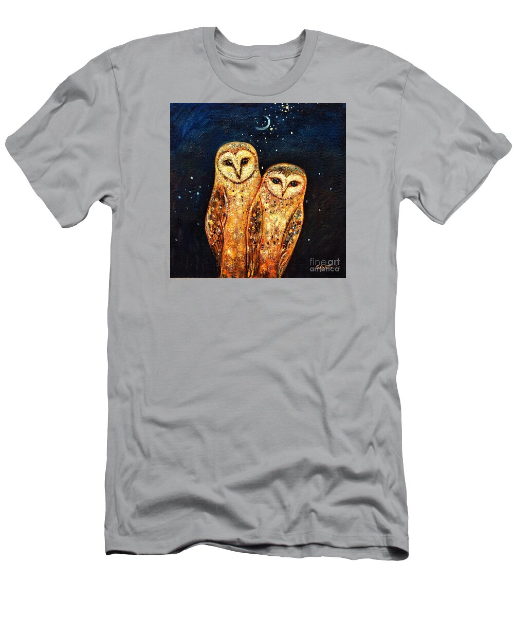 Owl T-Shirt featuring the painting Starlight Owls by Shijun Munns