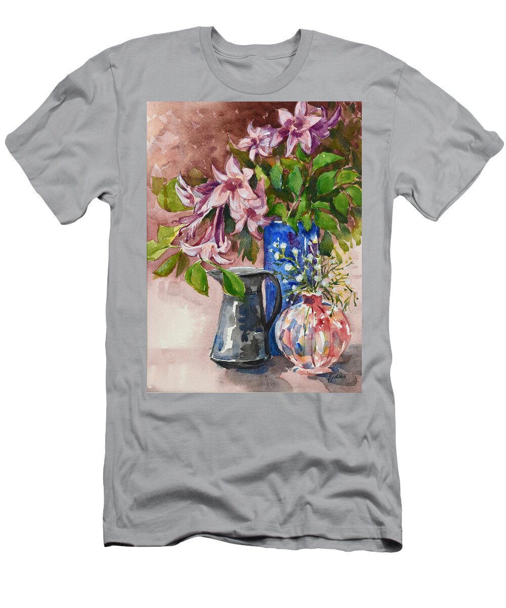 Pink Flowers T-Shirt featuring the painting Asian Pink Lilies by Jyotika Shroff