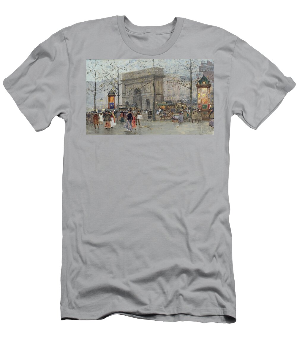 C19th T-Shirt featuring the painting Street Scene in Paris by Eugene Galien-Laloue
