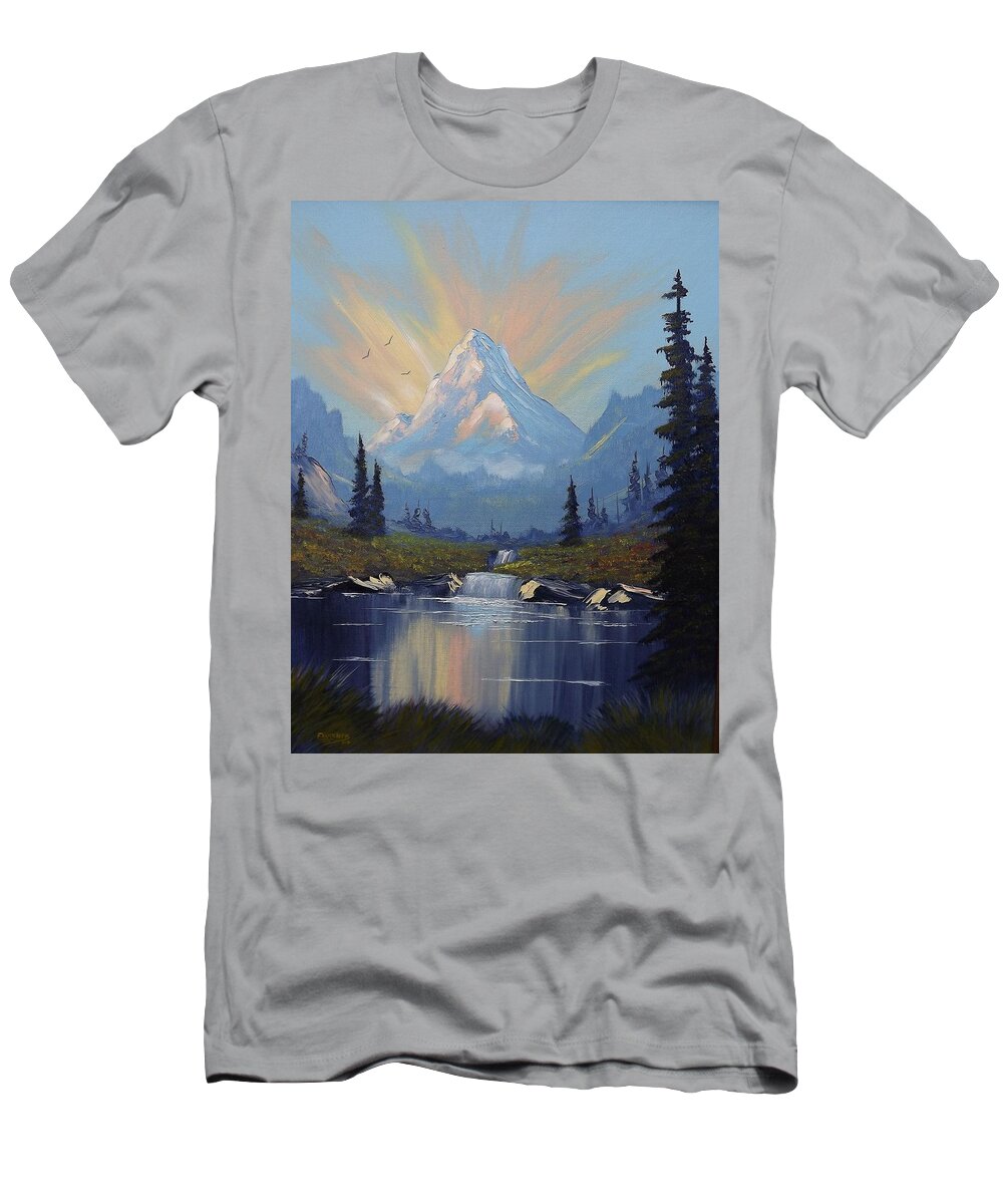 Mountain T-Shirt featuring the painting Sunburst Landscape by Richard Faulkner