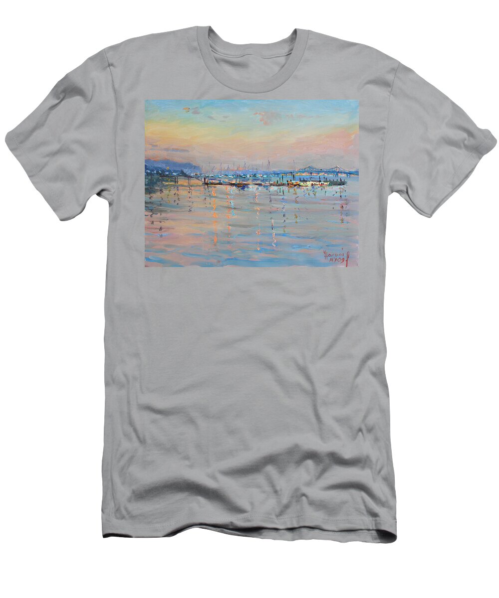 Seascape T-Shirt featuring the painting Sunset in Piermont Harbor NY by Ylli Haruni