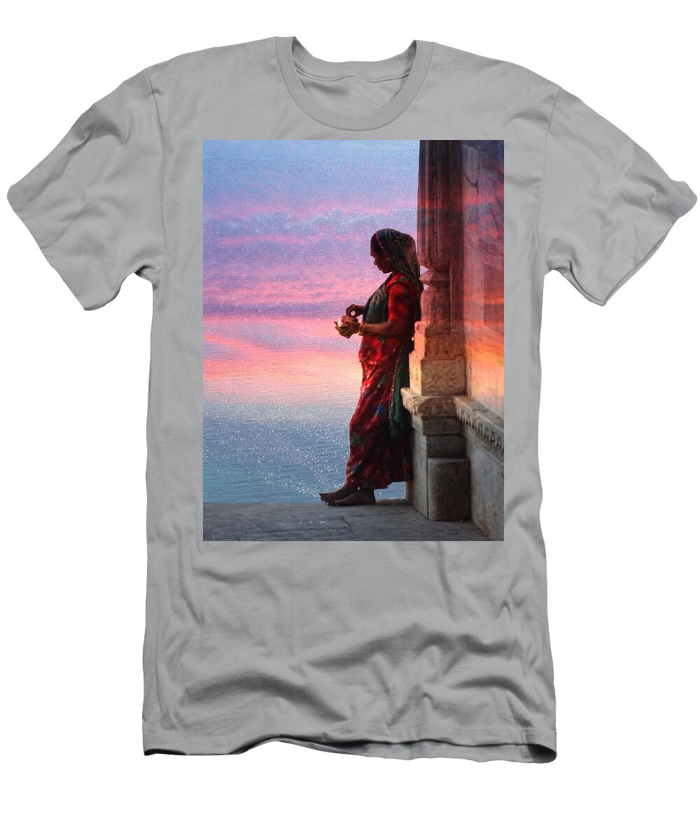 Sunset T-Shirt featuring the photograph Sunset Lake Colorful Woman Rajasthani Udaipur India by Sue Jacobi