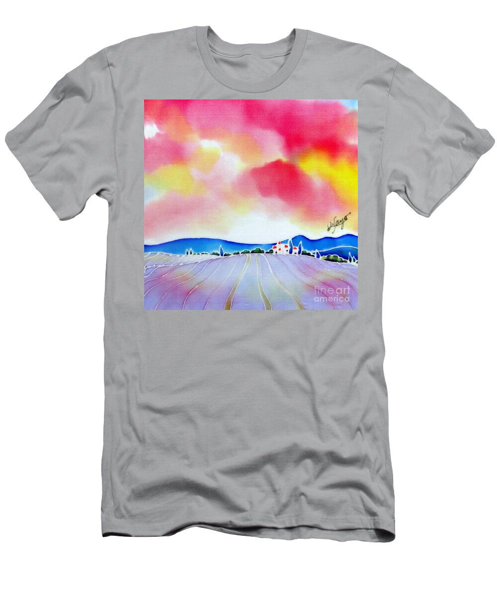 France T-Shirt featuring the painting Sunset on the lavender farm by Hisayo OHTA