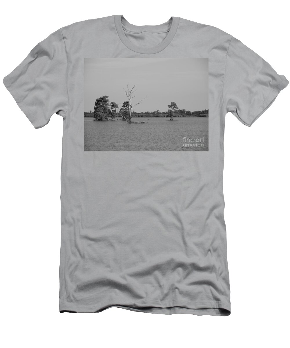 Water Lilly T-Shirt featuring the photograph Swamp Cypress Trees Black and White by Joseph Baril