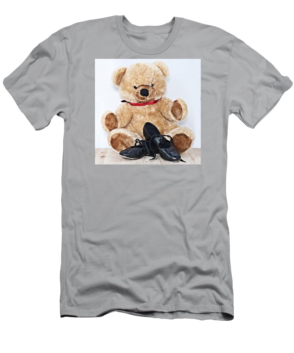 Black T-Shirt featuring the photograph Tap dance shoes and Teddy Bear dance academy mascot by Pedro Cardona Llambias