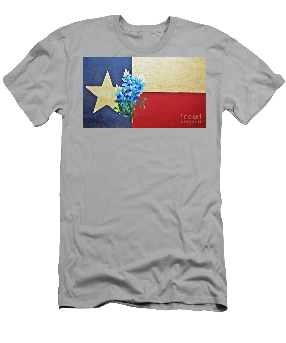Texas Flag T-Shirt featuring the painting Texas Flag with Bluebonnets by Jimmie Bartlett
