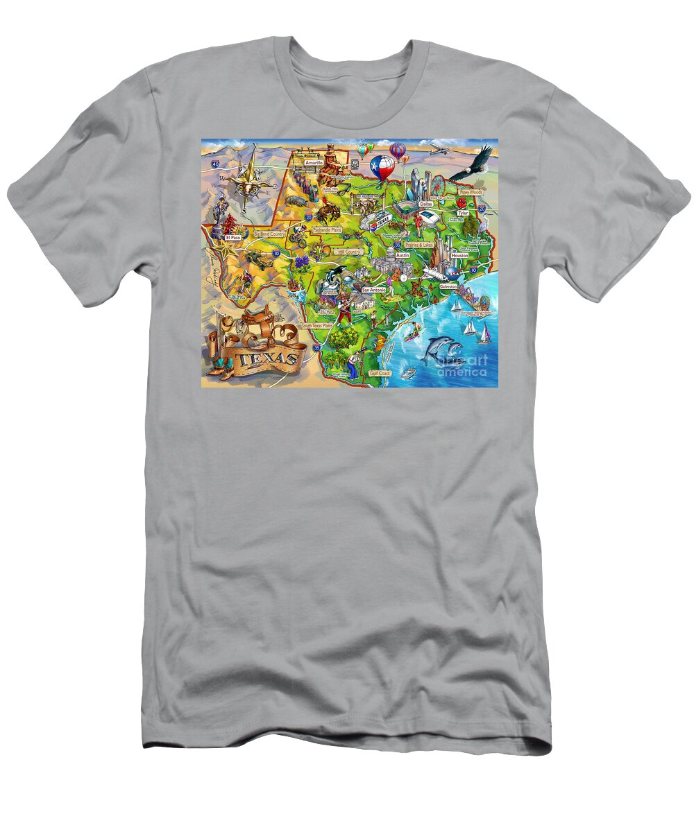 Texas T-Shirt featuring the painting Texas Illustrated Map by Maria Rabinky
