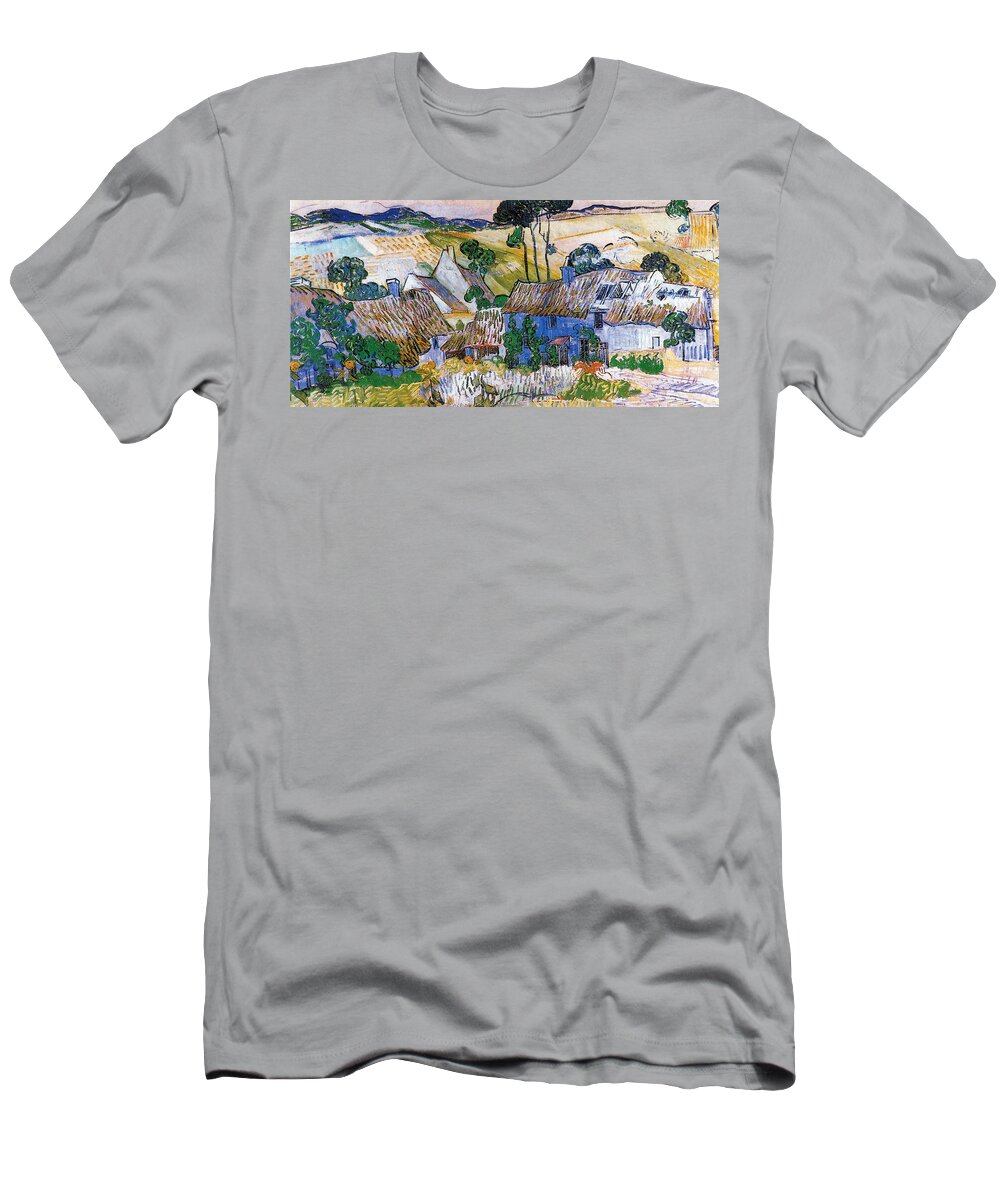 Thatched Houses In Front Of A Hill T-Shirt featuring the digital art Thatched Houses by Vincent Van Gogh