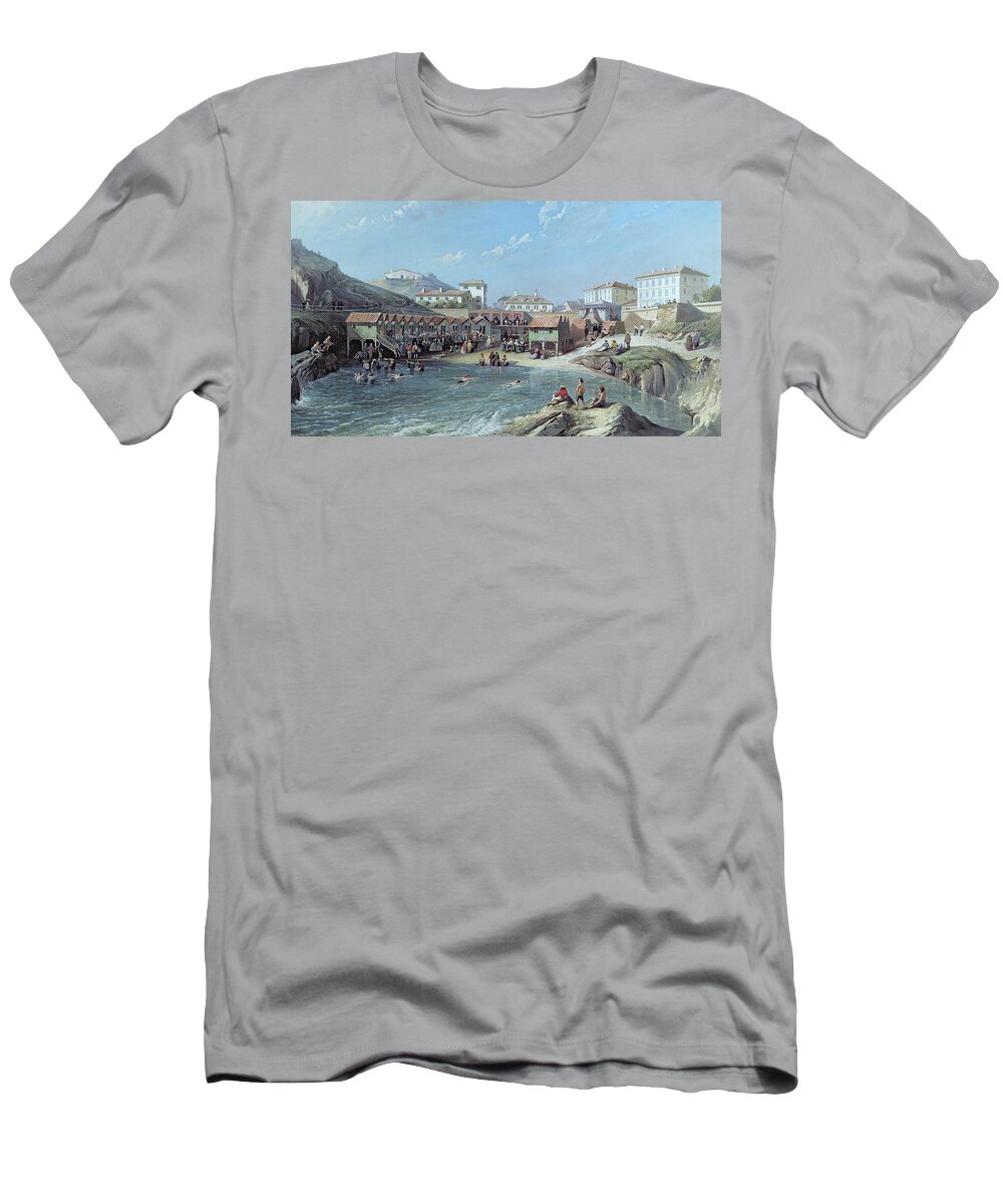 Bay T-Shirt featuring the painting The Beginning of Sea Swimming in the Old Port of Biarritz by Jean Jacques Alban de Lesgallery