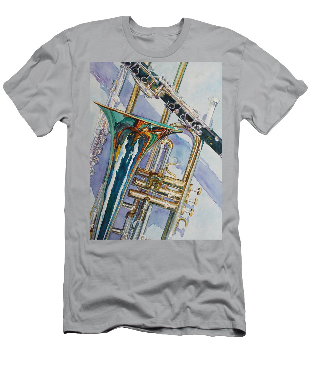 Trombones T-Shirt featuring the painting The Color of Music by Jenny Armitage