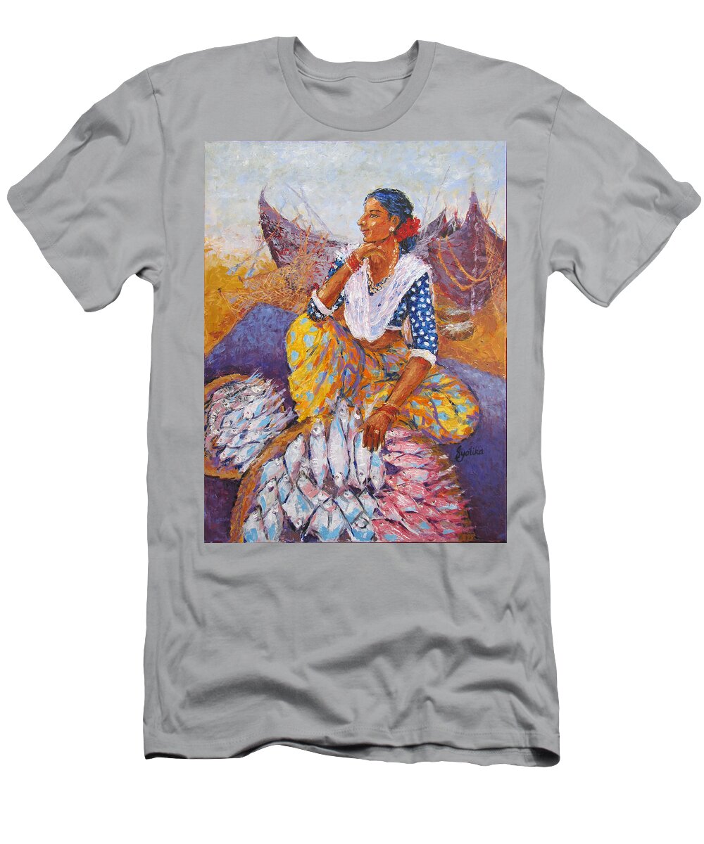 Fish T-Shirt featuring the painting The Fisherwoman by Jyotika Shroff