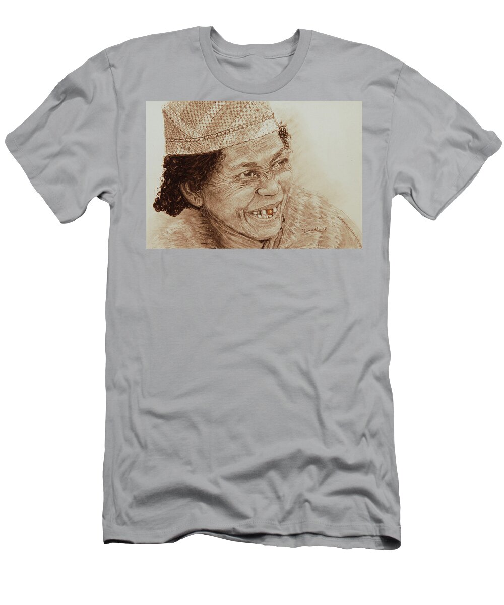 African T-Shirt featuring the drawing The Gold Tooth in Sepia by Quwatha Valentine