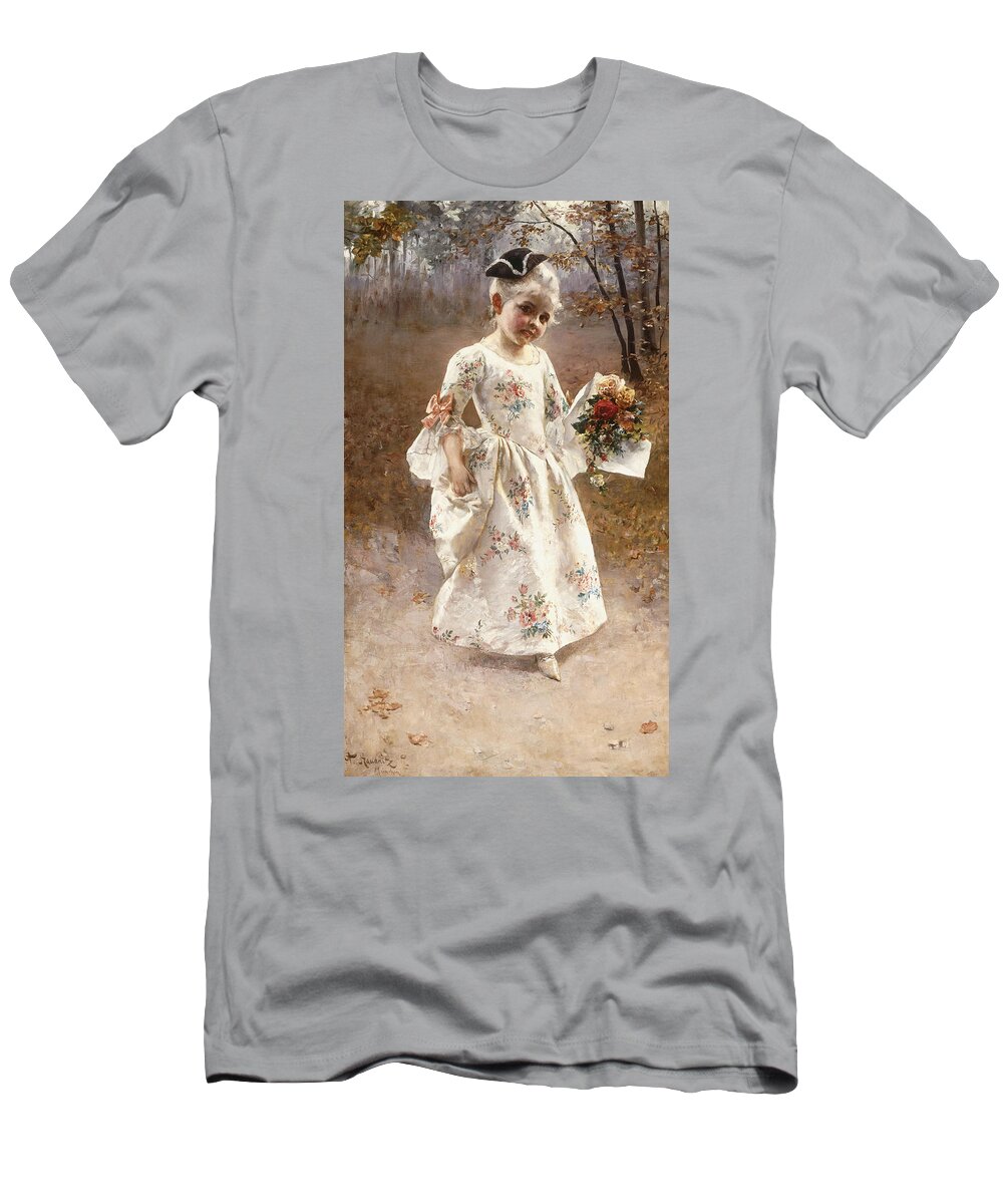 Little; Flower; Girl; Female; Child; Children; Portrait; Standing; Full Length; Young; Youth; Posy; Bouquet; Flower; Flowers; Floral; Silk; Dress; Hat; Walking; Wooded; Landscape; Coquettish; Coy; Woods; Leaves T-Shirt featuring the painting The Little Flower Girl by Albert Raudnitz