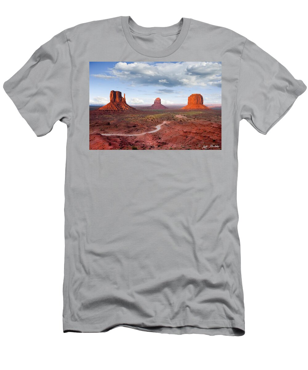 Arizona T-Shirt featuring the photograph The Mittens and Merrick Butte at Sunset by Jeff Goulden