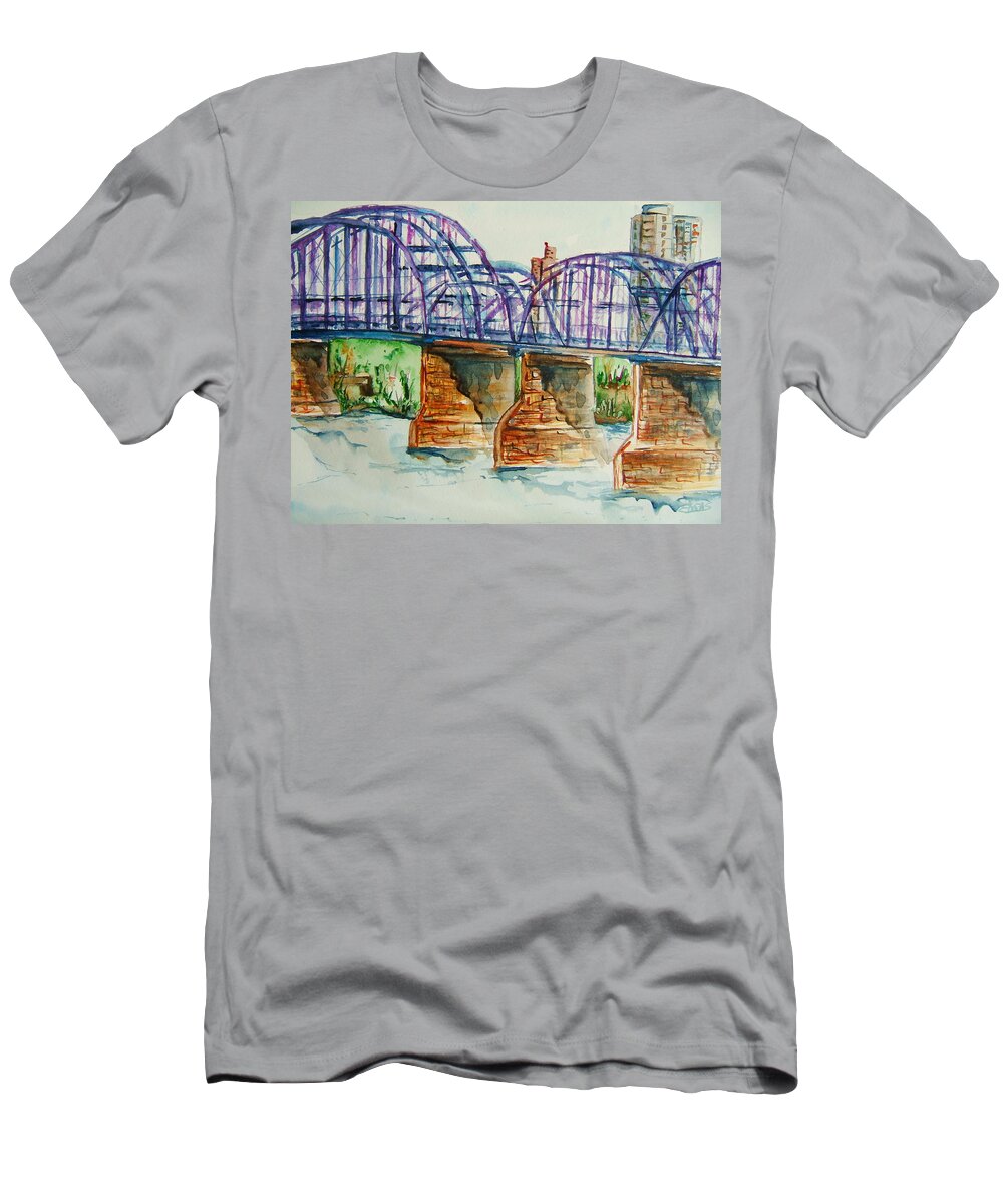 Bridge T-Shirt featuring the painting The Purple People Bridge by Elaine Duras