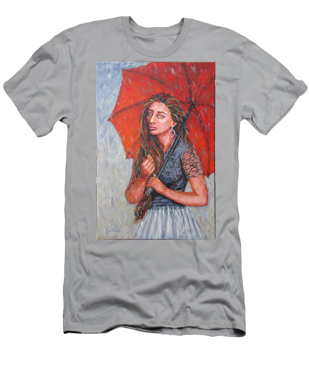 Umbrella T-Shirt featuring the painting The Red Umbrella by Jyotika Shroff