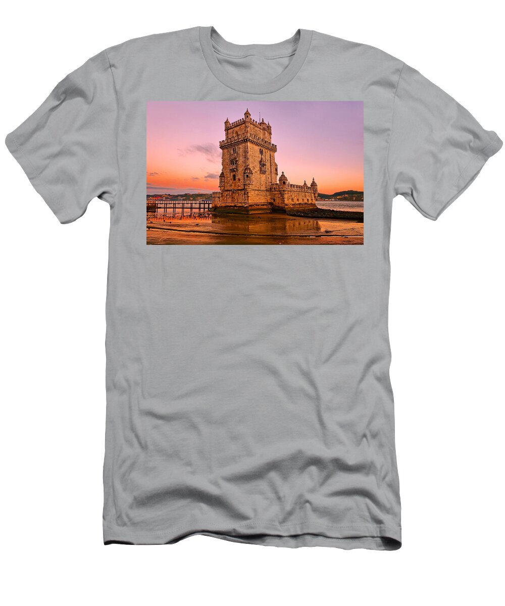 Crystal T-Shirt featuring the photograph the tower of belem in Lisbon at sunset by Mitchell R Grosky