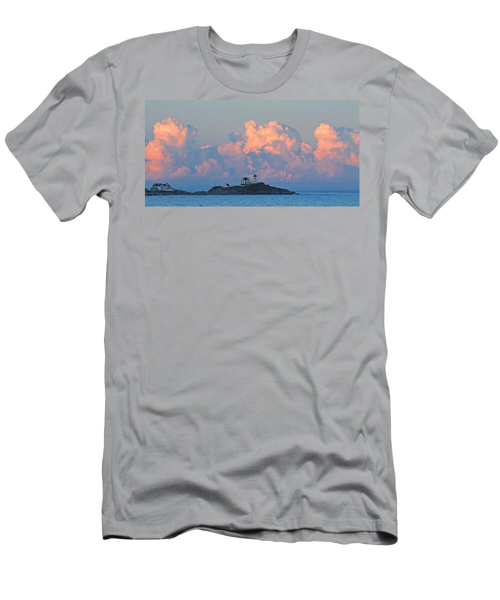 Maine T-Shirt featuring the photograph Towering Clouds over Nubble Lighthouse York Maine by Michael Saunders