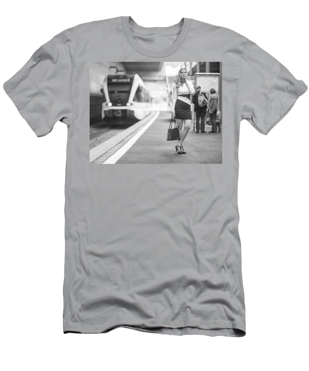 Ralf T-Shirt featuring the photograph Train Station - Waiting by Ralf Kaiser
