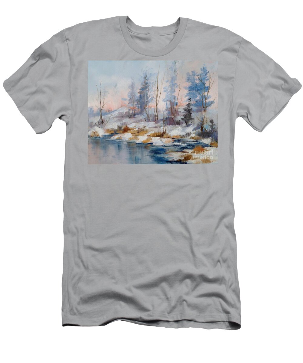 Trees T-Shirt featuring the painting Tranquil Sunrise by K M Pawelec