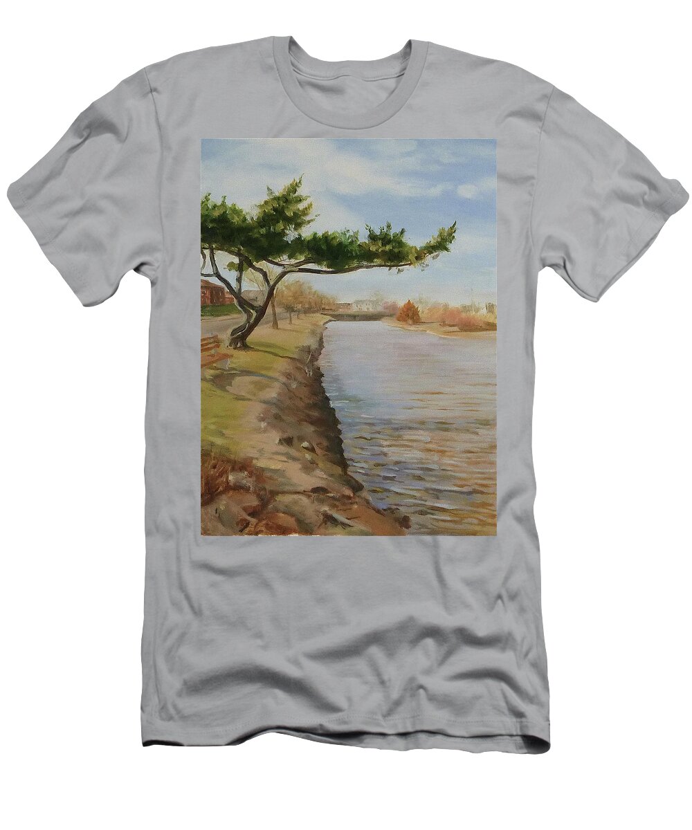 Landscape T-Shirt featuring the painting Tree with Lake by Ellen Paull