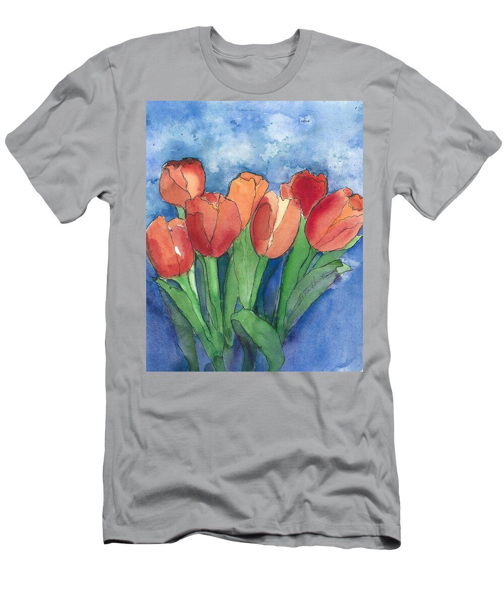 Red And Orange Tulips T-Shirt featuring the painting Tulips After the Rain by Maria Hunt
