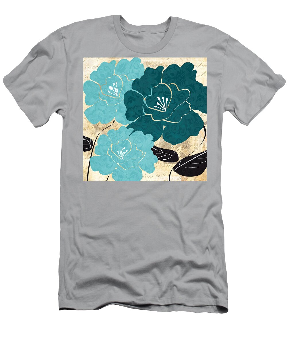 Turquoise T-Shirt featuring the painting Turquoise Flowers by Lourry Legarde