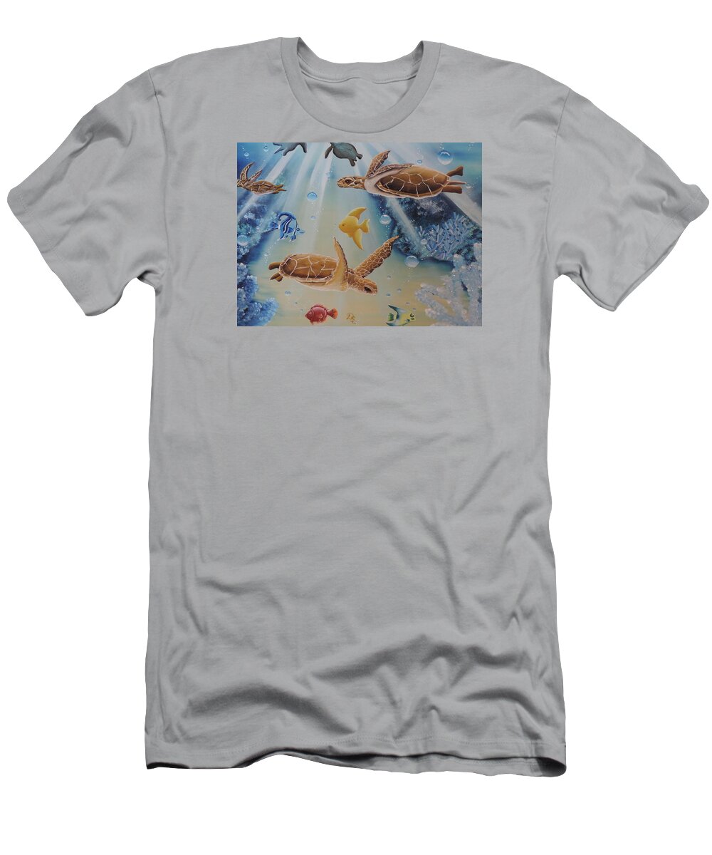 Ocean T-Shirt featuring the painting Turtles at Sea #2 by Dianna Lewis