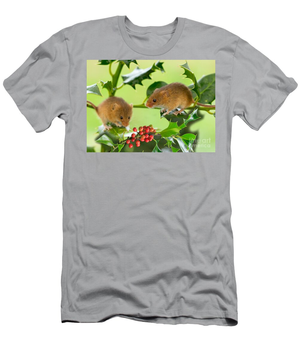 Mouse T-Shirt featuring the photograph Two Harvest Mice at Christmas by Louise Heusinkveld
