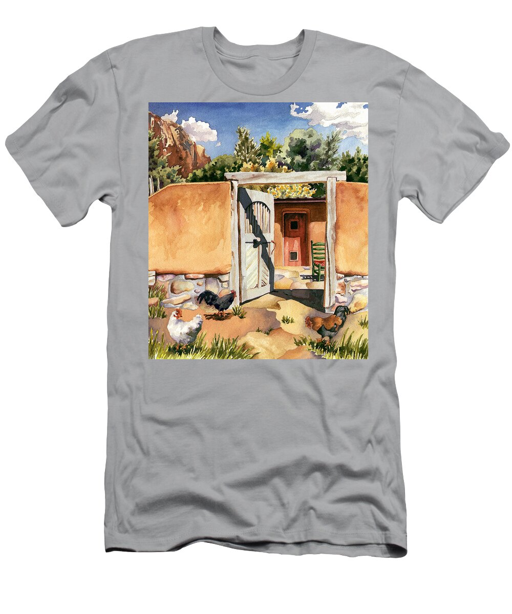 Hen Painting T-Shirt featuring the painting Two Hens and a Rooster at Ghost Ranch by Anne Gifford
