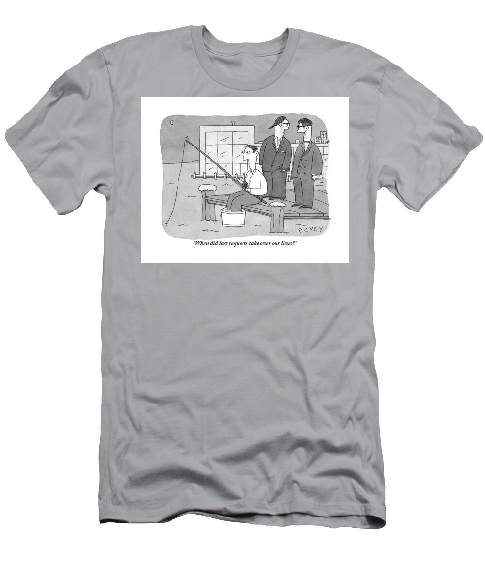 Two Men From The Mafia Stand Over A Dock T-Shirt featuring the drawing Two Men From The Mafia Stand Over A Dock by Peter C. Vey