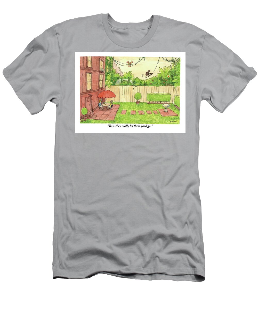 Rain Forests T-Shirt featuring the drawing Two People Sitting On Their Back Patio by Jason Patterson