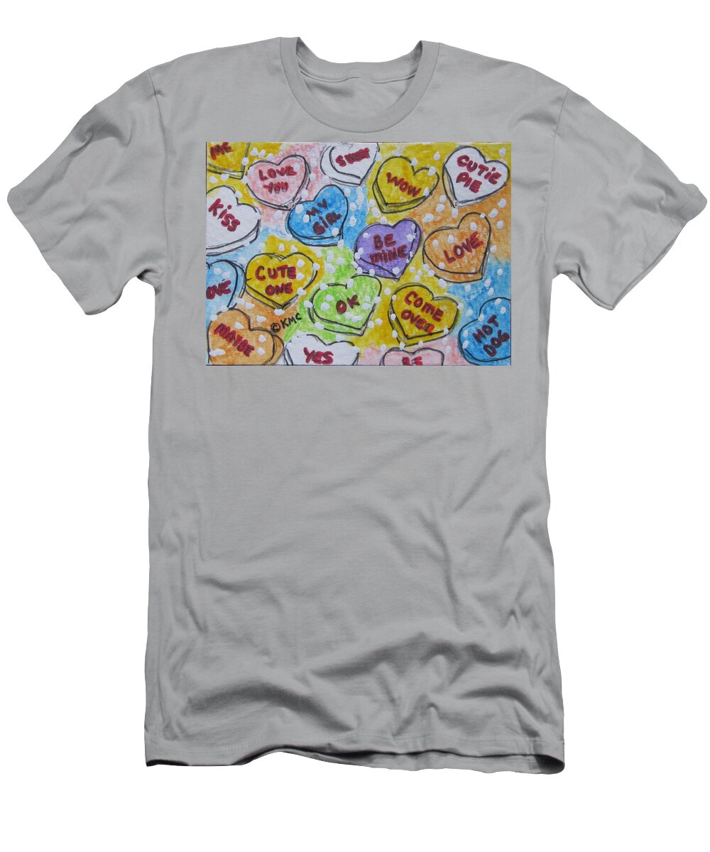 Valentine T-Shirt featuring the painting Valentine Candy Hearts by Kathy Marrs Chandler