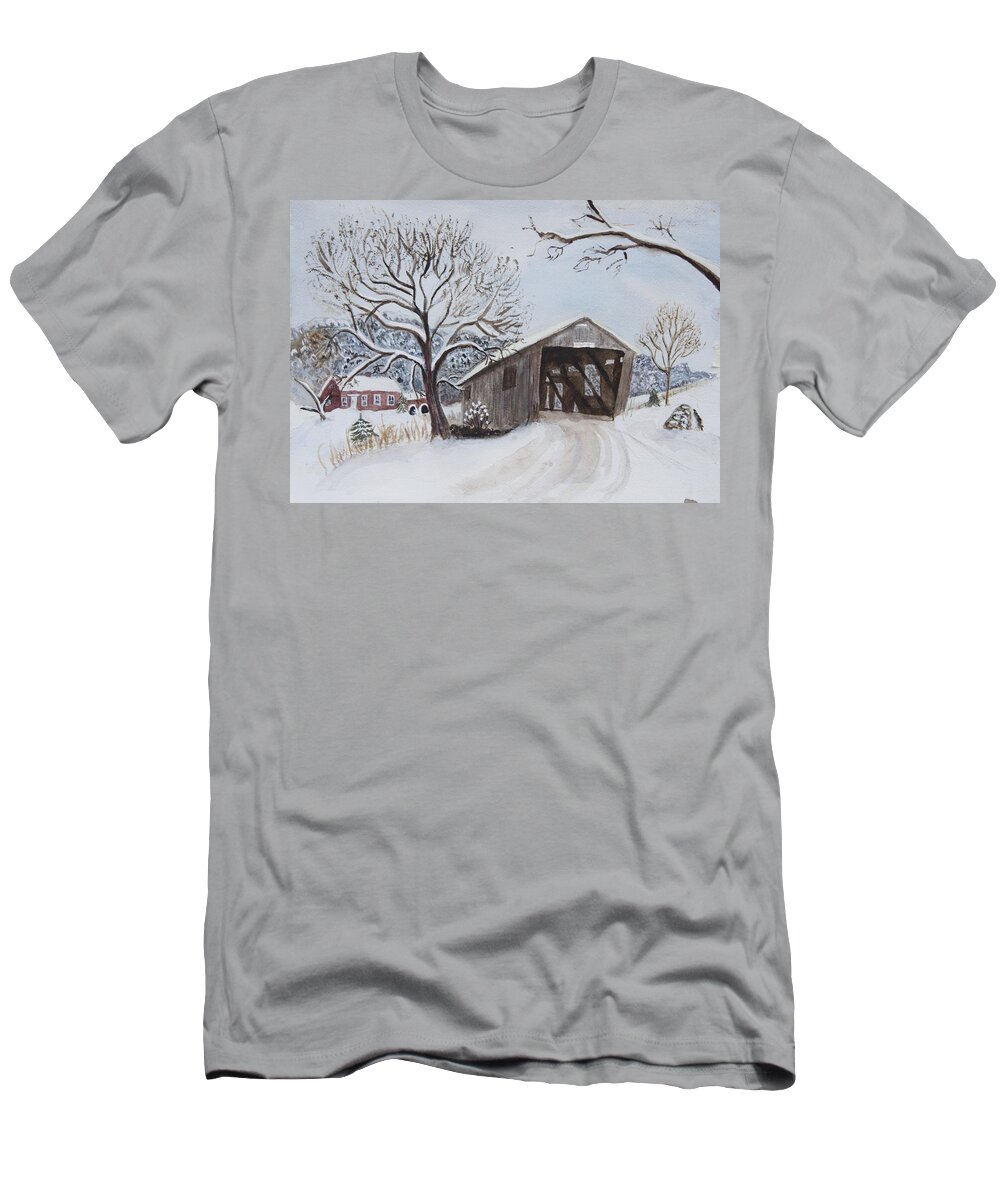 Vermont T-Shirt featuring the painting Vermont Covered Bridge in Winter by Donna Walsh