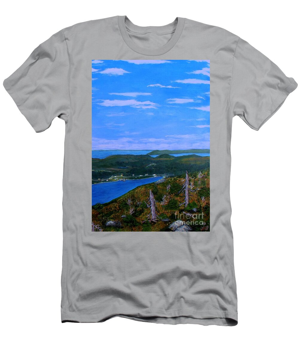 View From Sugarloaf Hill Ship Harbour Bottom T-Shirt featuring the painting View from Sugarloaf Hill Ship Harbour Bottom by Barbara A Griffin