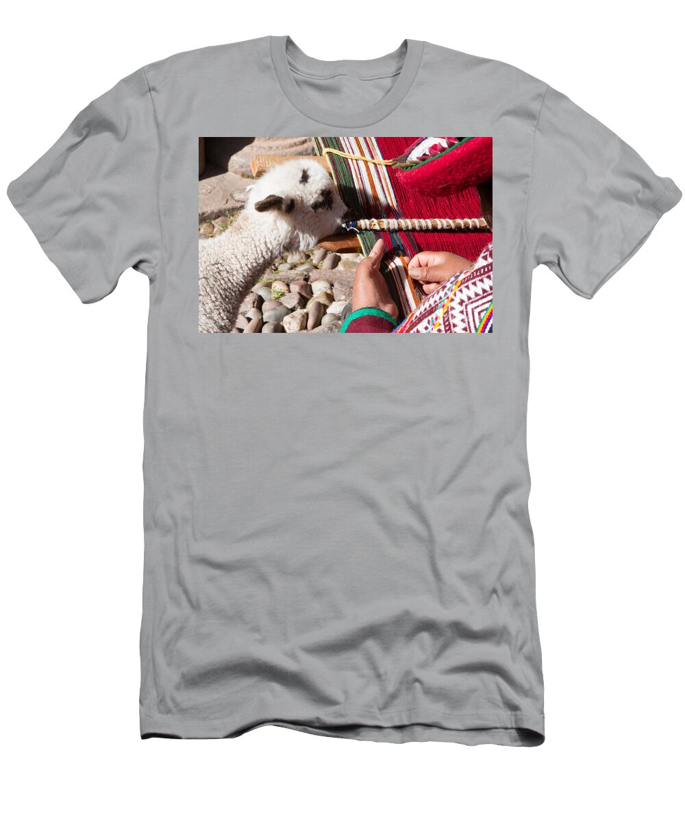 Craft Making T-Shirt featuring the photograph Weaver and Alpaca Lamb Cusco Peru by Dan Hartford