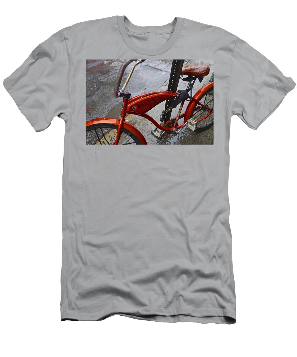 Orange T-Shirt featuring the photograph Wet Orange Bike  NYC by Joan Reese