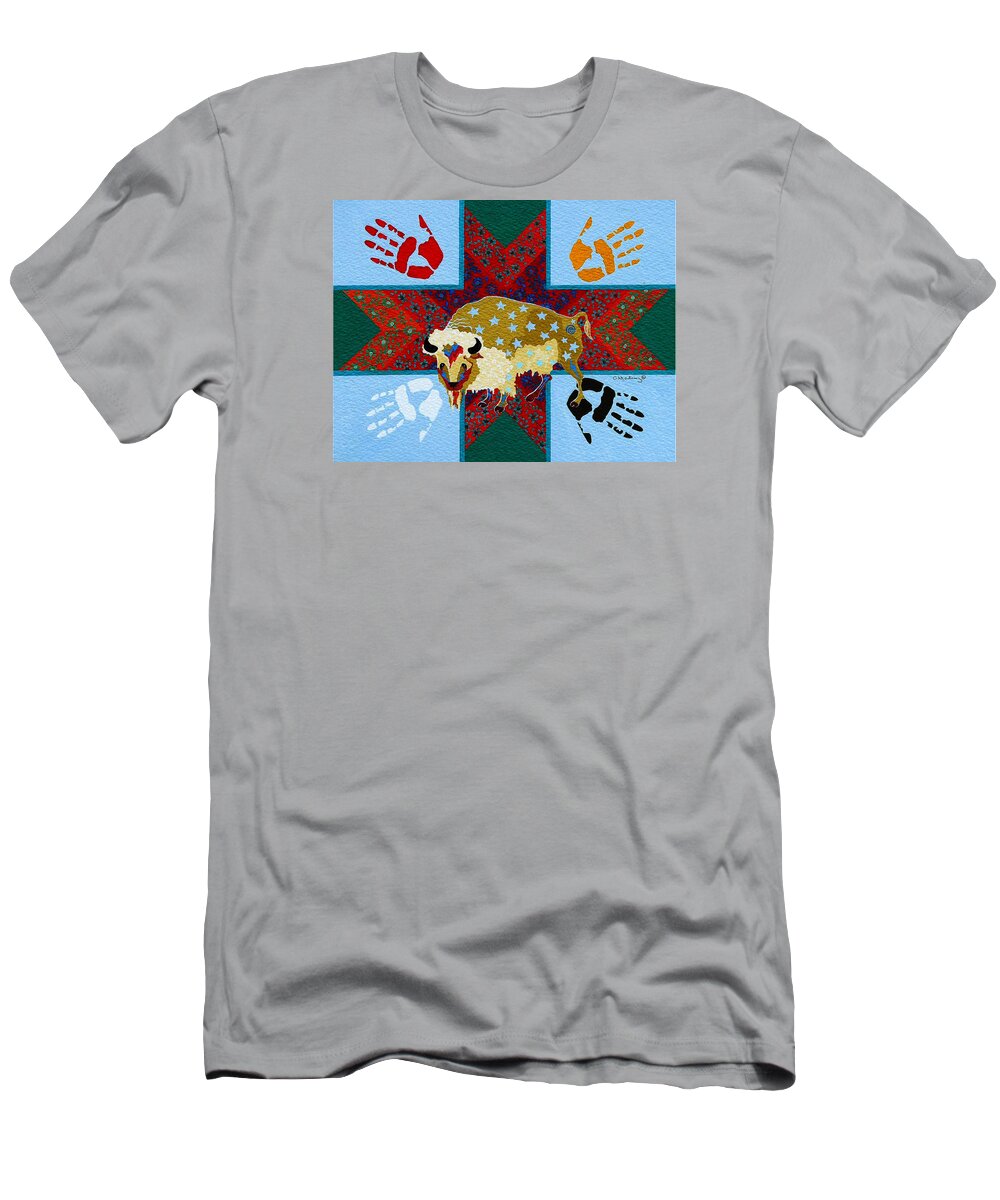 America T-Shirt featuring the painting White Buffalo Calf Legend by Chholing Taha