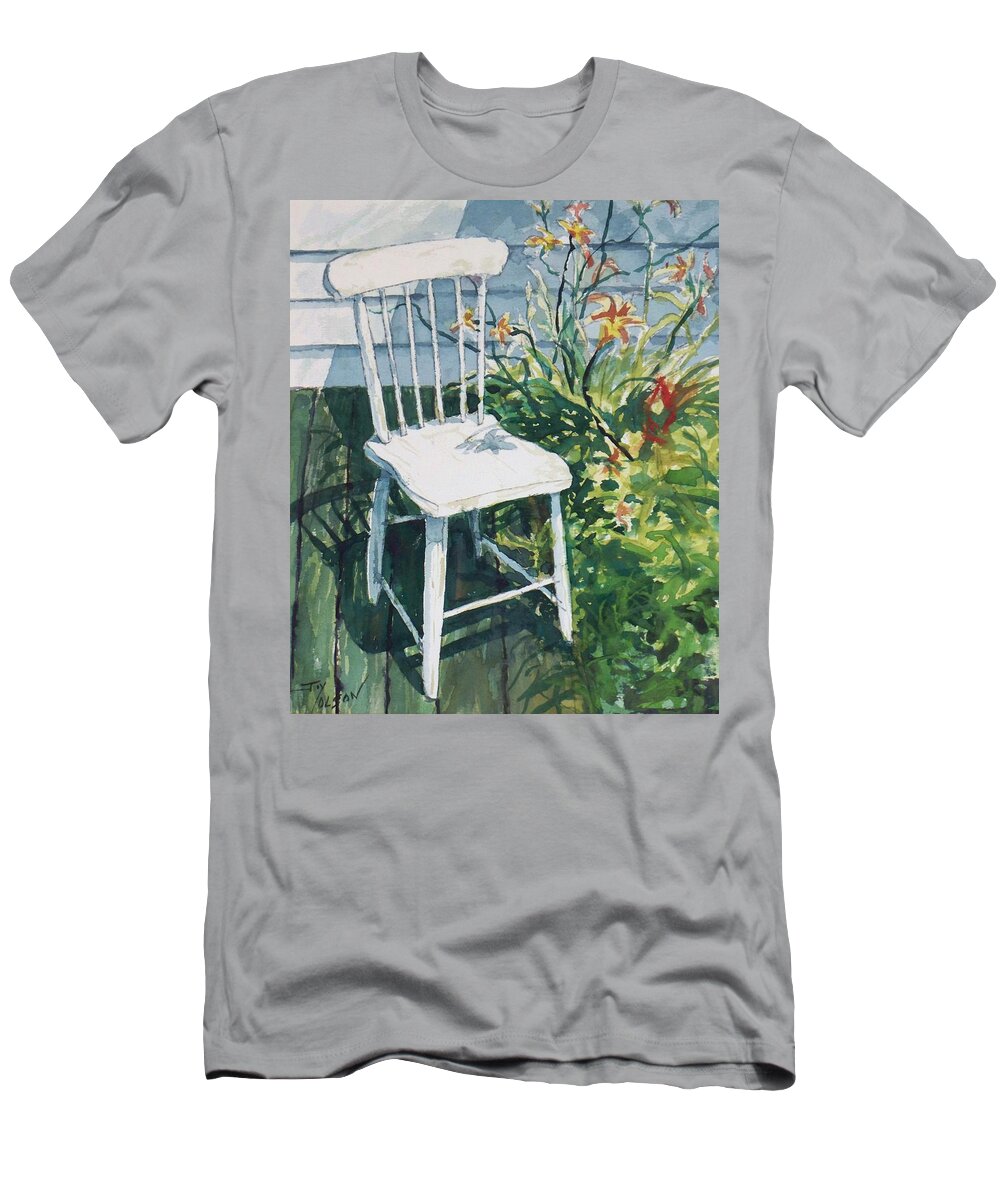 White T-Shirt featuring the painting White chair and Day Lilies by Joy Nichols