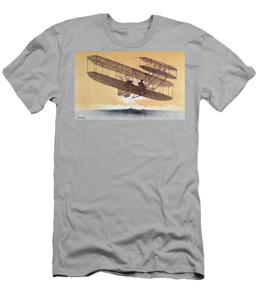 Orville T-Shirt featuring the painting Wilbur Wright in his Flyer by Leon Pousthomis