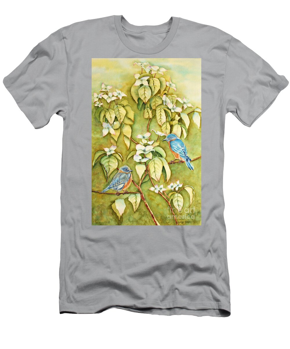 Bluebirds T-Shirt featuring the painting Wild Blues In White Dogwood 2 by Kathryn Duncan