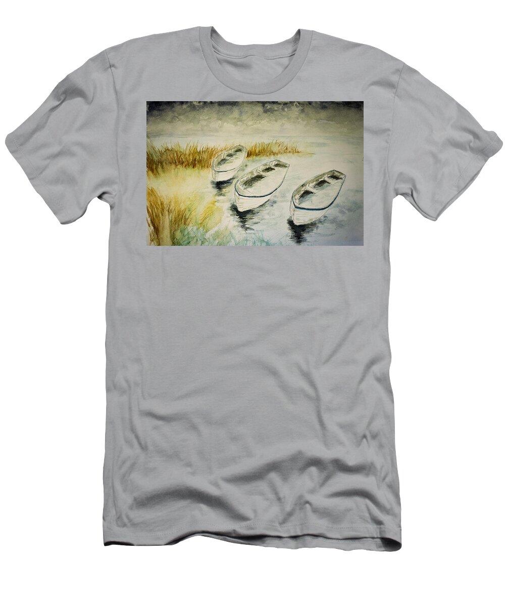 Seascape T-Shirt featuring the painting Winter Boats in Watercolor by Gray Artus