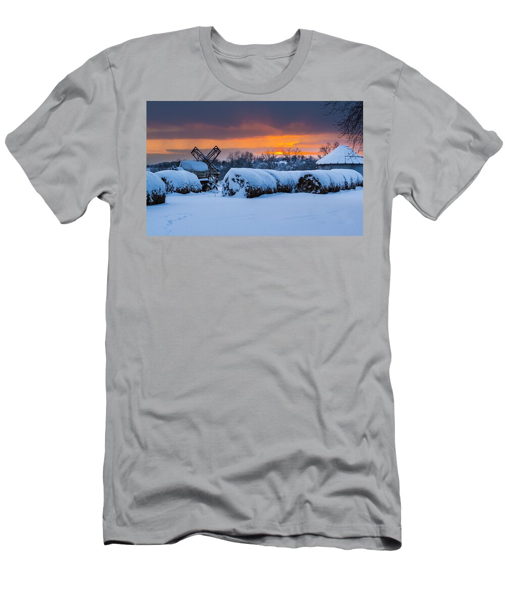 Snow T-Shirt featuring the photograph Winter Sunset on the Farm by Holden The Moment