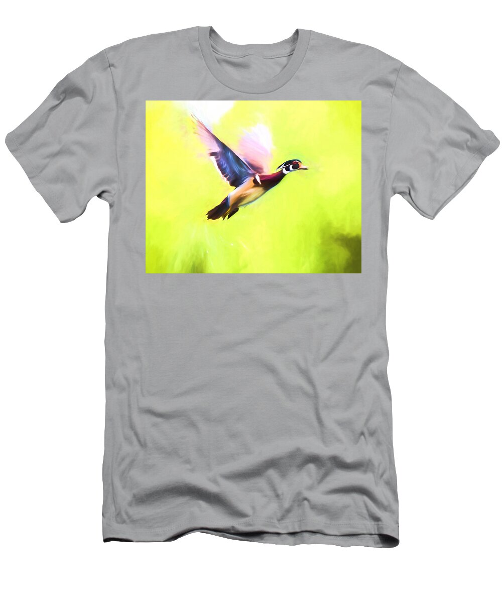 Wood Duck T-Shirt featuring the mixed media Wood Duck In Flight Art by Priya Ghose