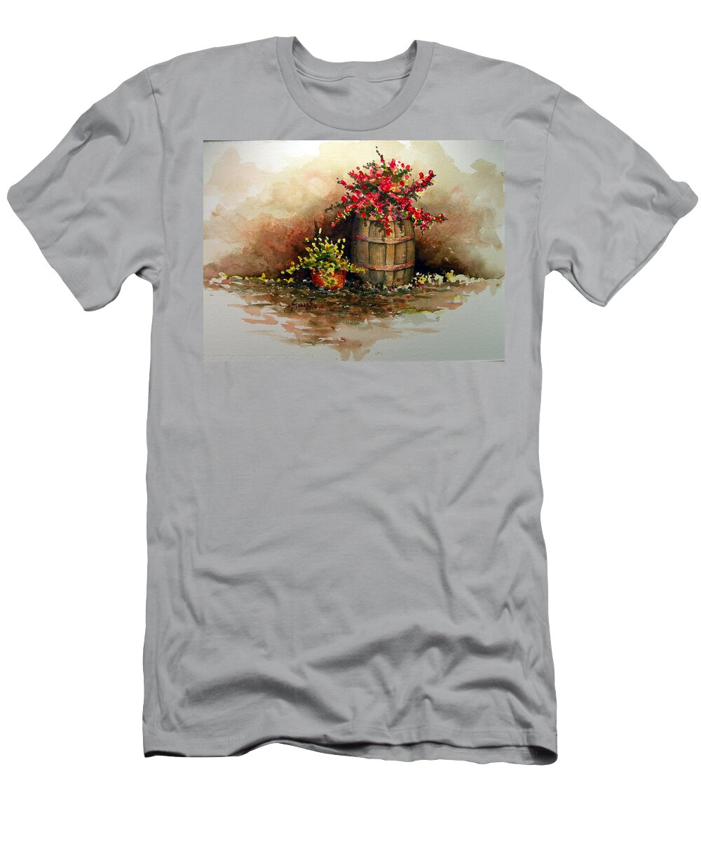 Barrel T-Shirt featuring the painting Wooden Barrel with Flowers by Sam Sidders