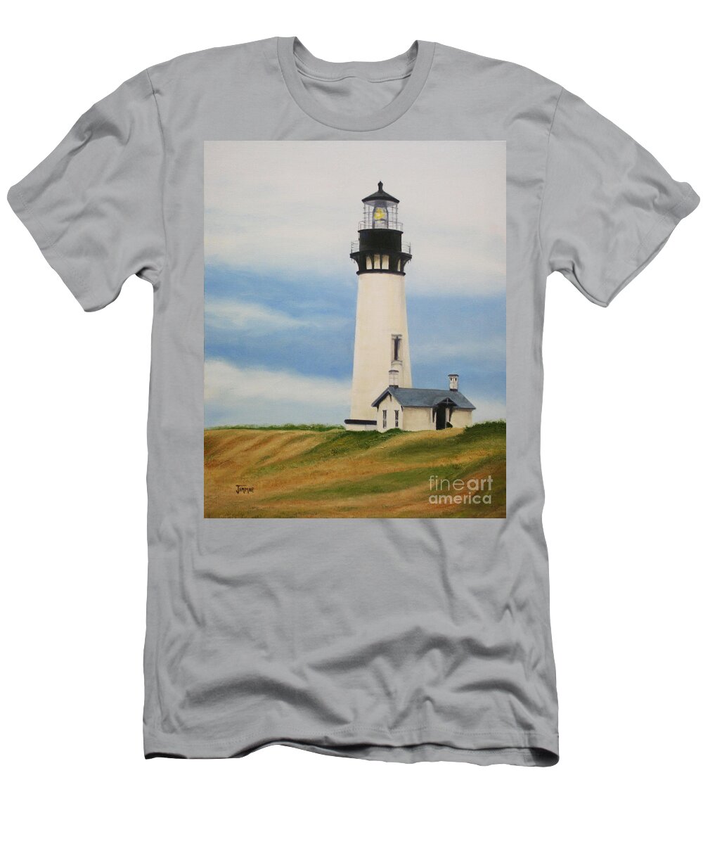Oregon T-Shirt featuring the painting Yaquina Head Lighthouse by Jimmie Bartlett