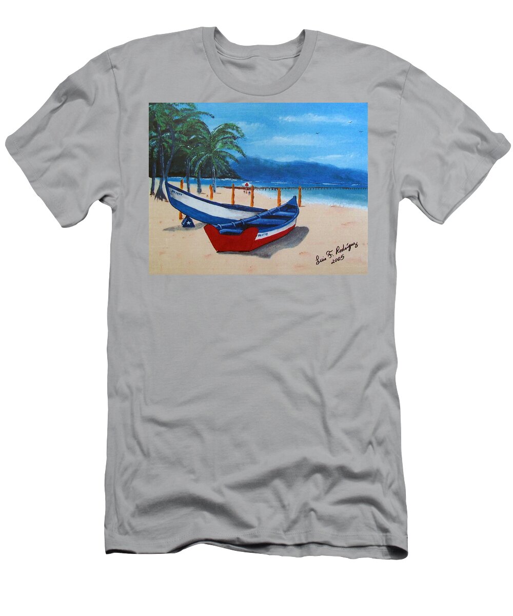 Yolas T-Shirt featuring the painting Yolas At Crashboat Beach by Luis F Rodriguez