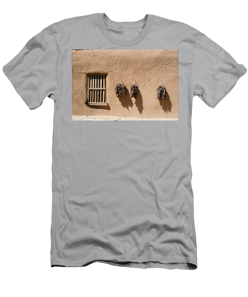 Santa Fe T-Shirt featuring the photograph Ristras On Adobe Wall by Ron Weathers